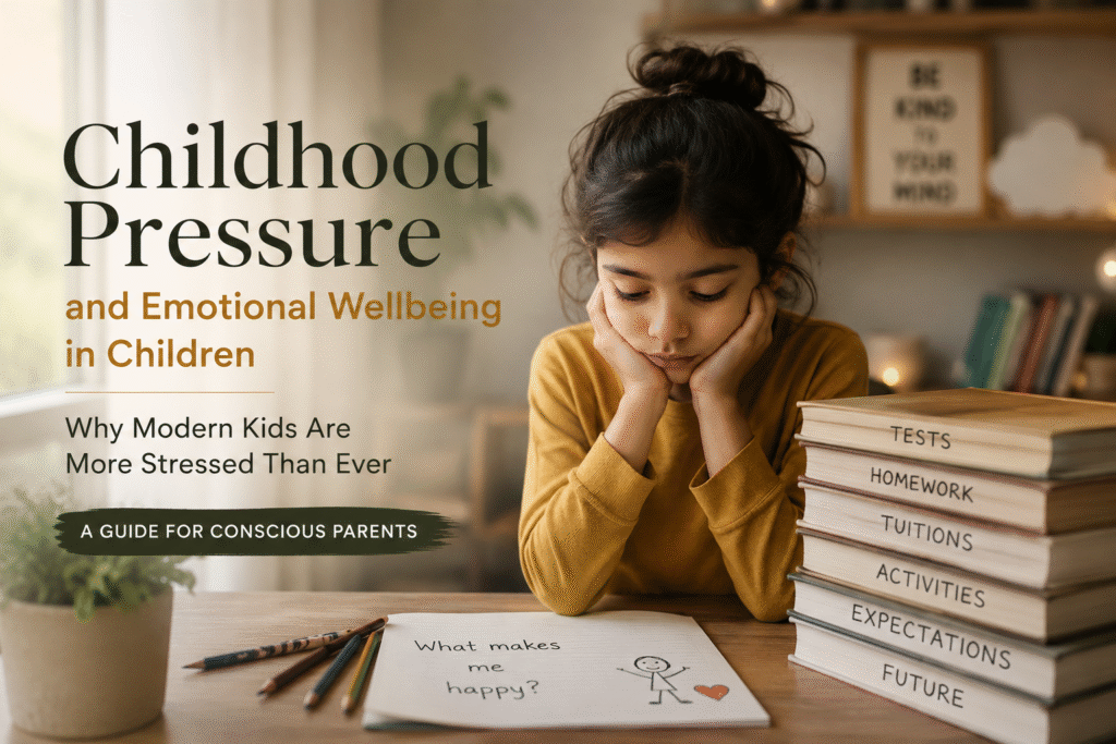 Young child sitting thoughtfully at a study desk surrounded by books, representing childhood pressure, academic stress, and emotional wellbeing in children.