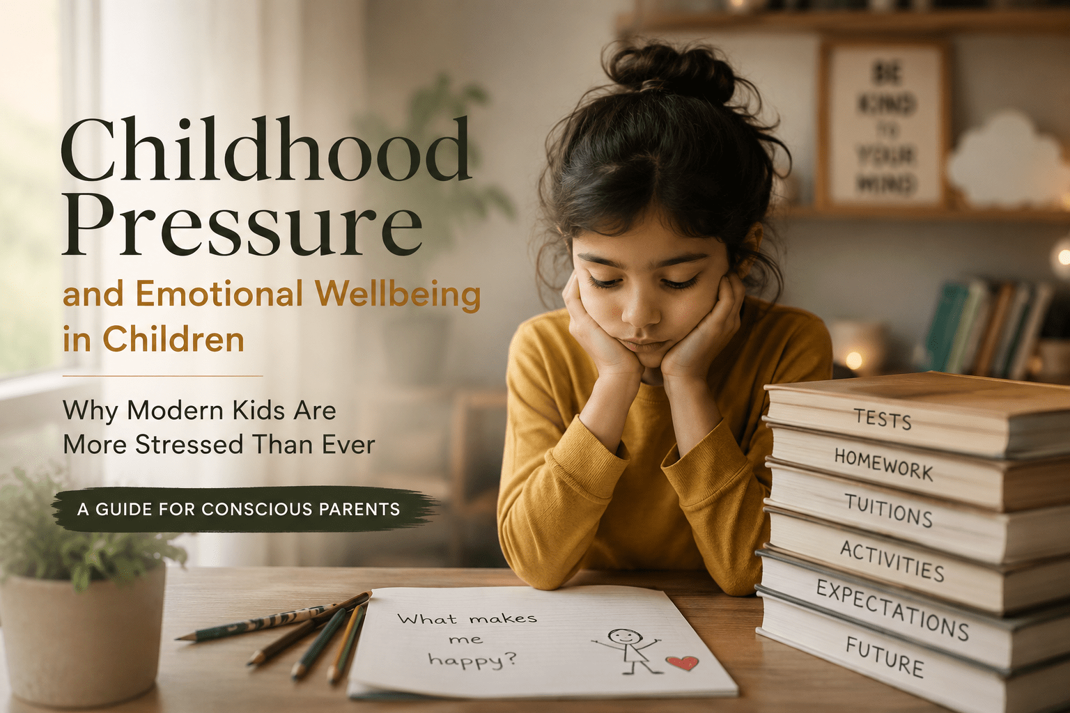 Young child sitting thoughtfully at a study desk surrounded by books, representing childhood pressure, academic stress, and emotional wellbeing in children.