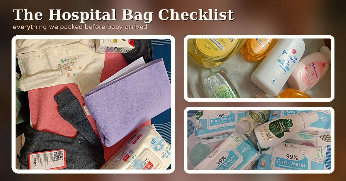 Hospital bag checklist flatlay with newborn clothes, wipes and toiletries beside a sleeping baby in a pink knitted outfit